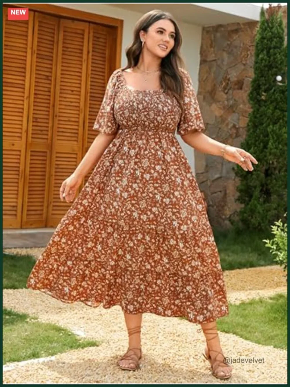 Plus Size Smocked Boho Floral Maxi Dress Square Neck Short Sleeve Wedding Guest - Picture 3 of 6